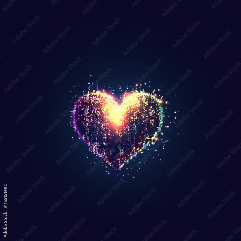 A vibrant, glowing heart shape created with colorful particles against a dark background. A vibrant, glowing heart shape created with colorful particles against a dark background.