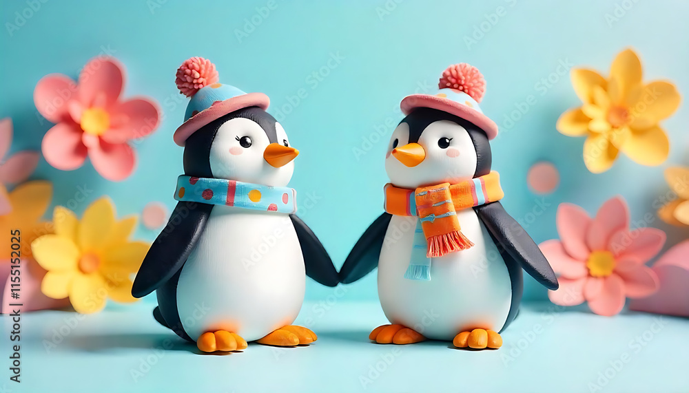 Fototapeta premium A group of 3d cute penguin figurines wearing top hats and scarves, arranged in a heart shape against a pastel background with colorful paper cutouts, created with generative ai