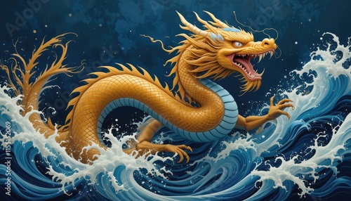 Golden Dragon Emerging from Waves