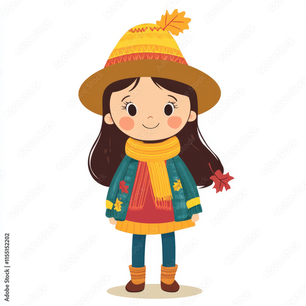 Cute girl in autumn outfit wearing colorful sweater, scarf, hat, and boots with fall leaves, smiling, cartoon character illustration for seasonal designs Cute girl in autumn outfit wearing colorful sweater, scarf, hat, and boots with fall leaves, smiling, cartoon character illustration for seasonal designs