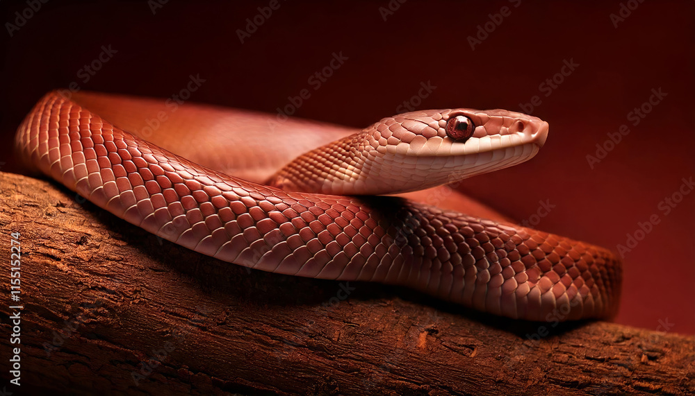Fototapeta premium A brown snake is curled up on a log. The snake is small and he is resting.