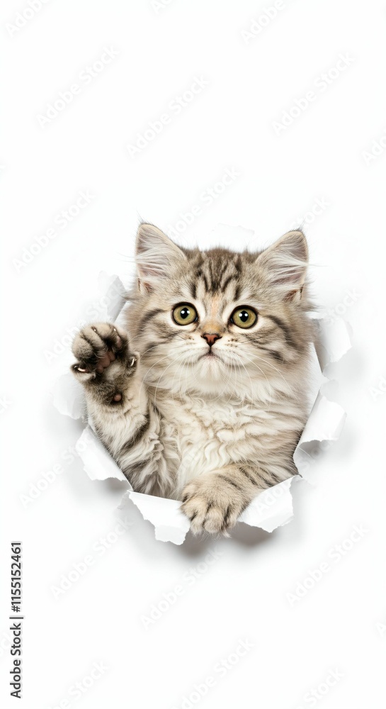 Obraz premium Adorable Minuet Kitten Emerging from Torn Paper - Fluffy and Curious Feline on White