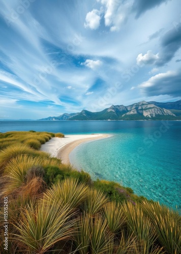 Fototapeta Naklejka Na Ścianę i Meble -   Landscape of the clear blue waters and grassy beach in san biagio island manerba del garda garda lake lombardy italy beach wallpaper summer wallpaper beach background tropical nature