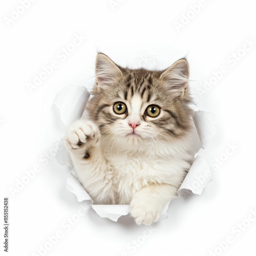 Adorable Minuet Kitten Emerging from Torn Paper - Fluffy and Curious Feline on White photo