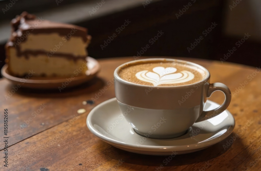 mocha mousse cappuccino paired with slice of cake on wooden plate in minimalist cafe, cozy, inviting vibe. coffee shop promotion, poster for lifestyle, menu design. mocha mousse cappuccino paired with slice of cake on wooden plate in minimalist cafe, cozy, inviting vibe. coffee shop promotion, poster for lifestyle, menu design.