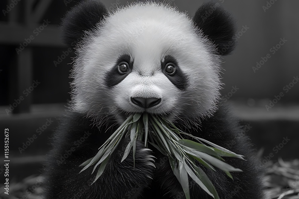 Fototapeta premium Adorable Panda Cub Enjoying Fresh Bamboo Shoots