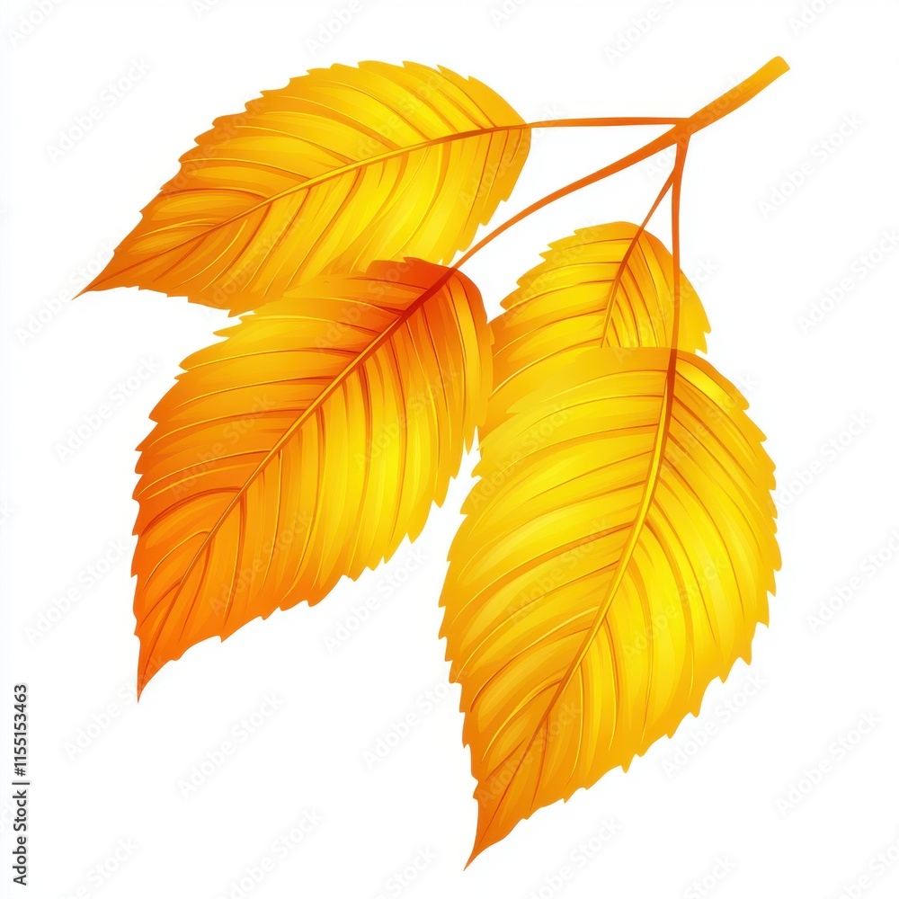 Fototapeta premium Vibrant golden-yellow leaves on a branch, showcasing the beauty of fall foliage and nature's changing colors.
