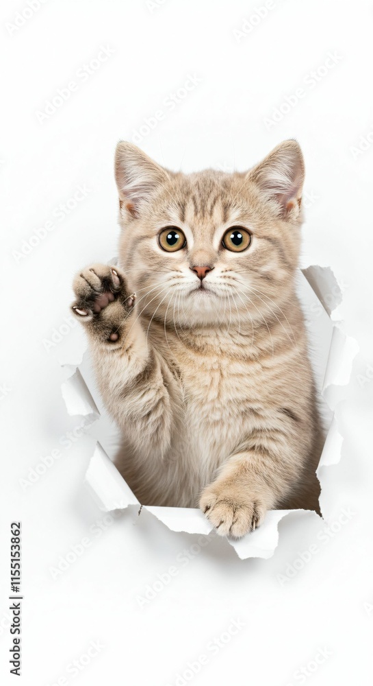Obraz premium Adorable Munchkin Kitten Emerging Through Torn Paper - Playful Feline on White Background
