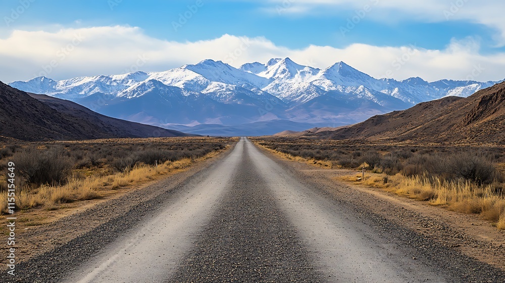 Empty Road Leading to Snowy Mountains. Concept of Adventure, Freedom, and Travel. Empty Road Leading to Snowy Mountains. Concept of Adventure, Freedom, and Travel.