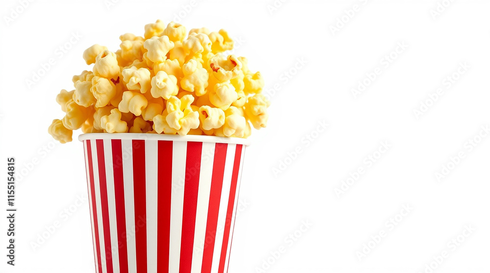 Popcorn in a red and white striped paper cup. Movie snack concept. Popcorn in a red and white striped paper cup. Movie snack concept.