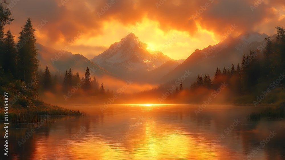 Fiery sunset over misty mountain lake. Fiery sunset over misty mountain lake.