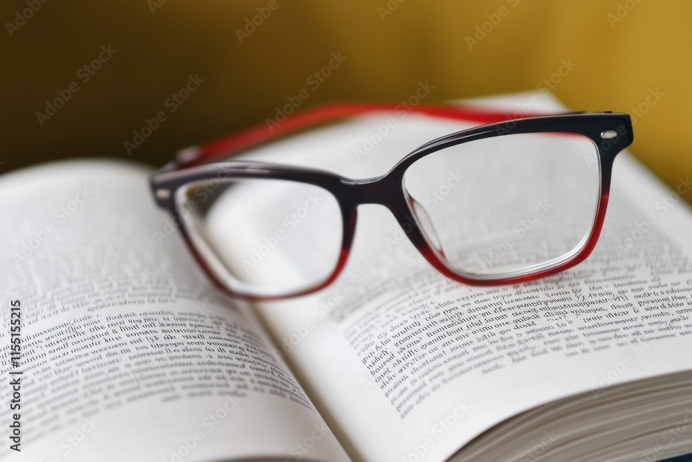 A pair of stylish black and red eyeglasses resting on an open book, inviting readers to dive into a world of knowledge. A pair of stylish black and red eyeglasses resting on an open book, inviting readers to dive into a world of knowledge.