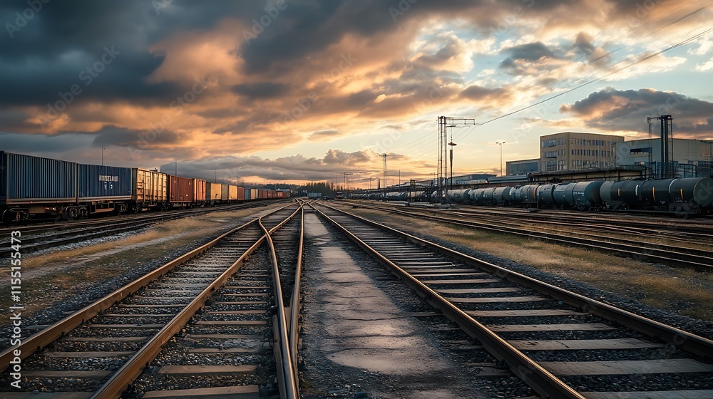 Naklejka premium Railroad Tracks at Sunset. Transportation, Logistics, and Industry Concept.