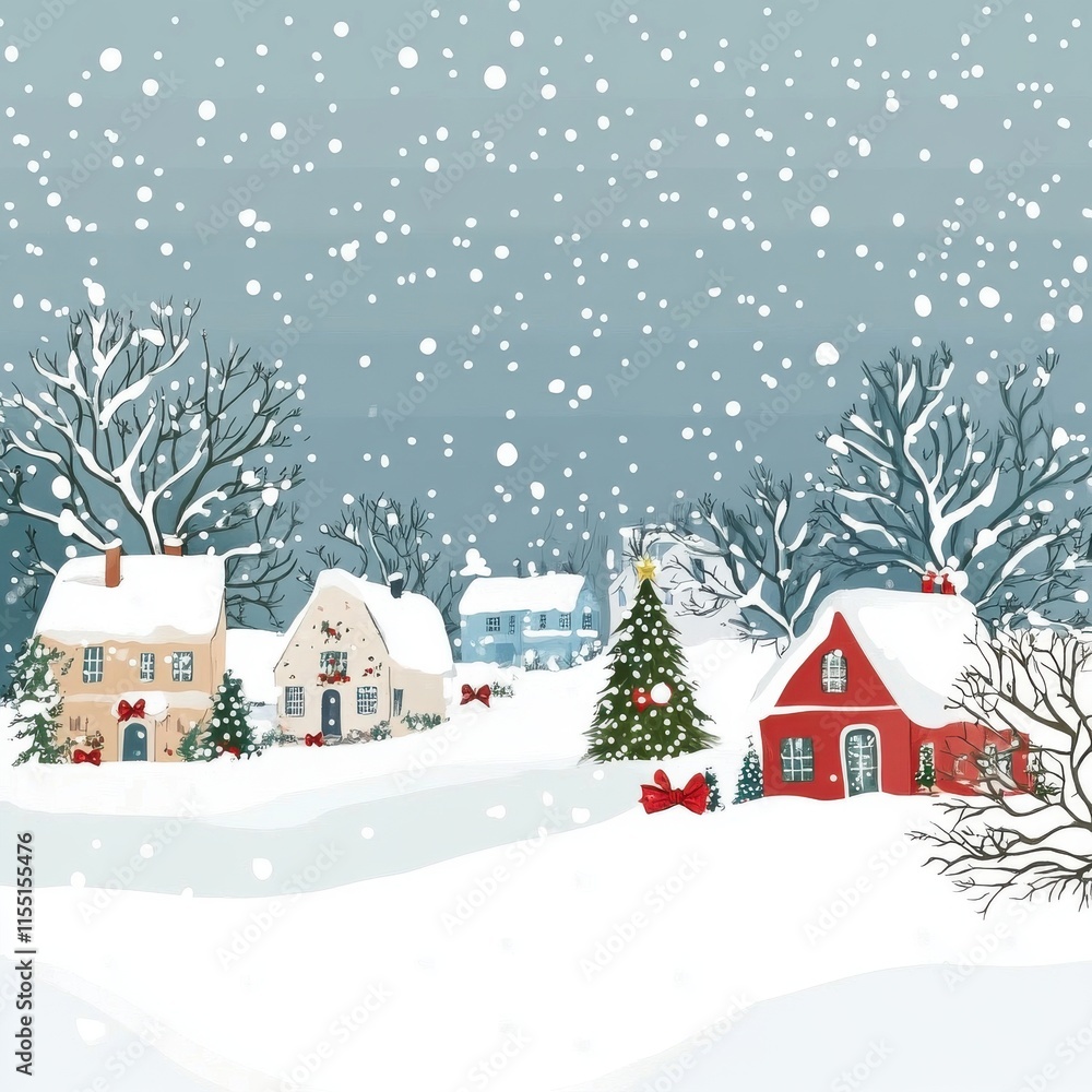 Fototapeta premium Charming winter village scene with colorful houses and a decorated Christmas tree amidst falling snow.