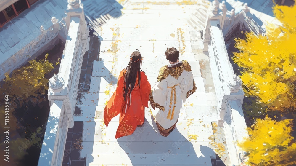 Fototapeta premium Anime couple walking in a medieval european royal court dreamy coral and yellow palette aerial view enchanting architecture