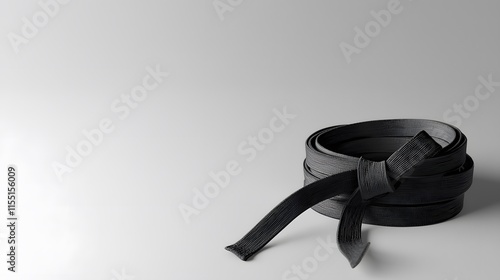 A Rolled Black Martial Arts Belt on White Background photo