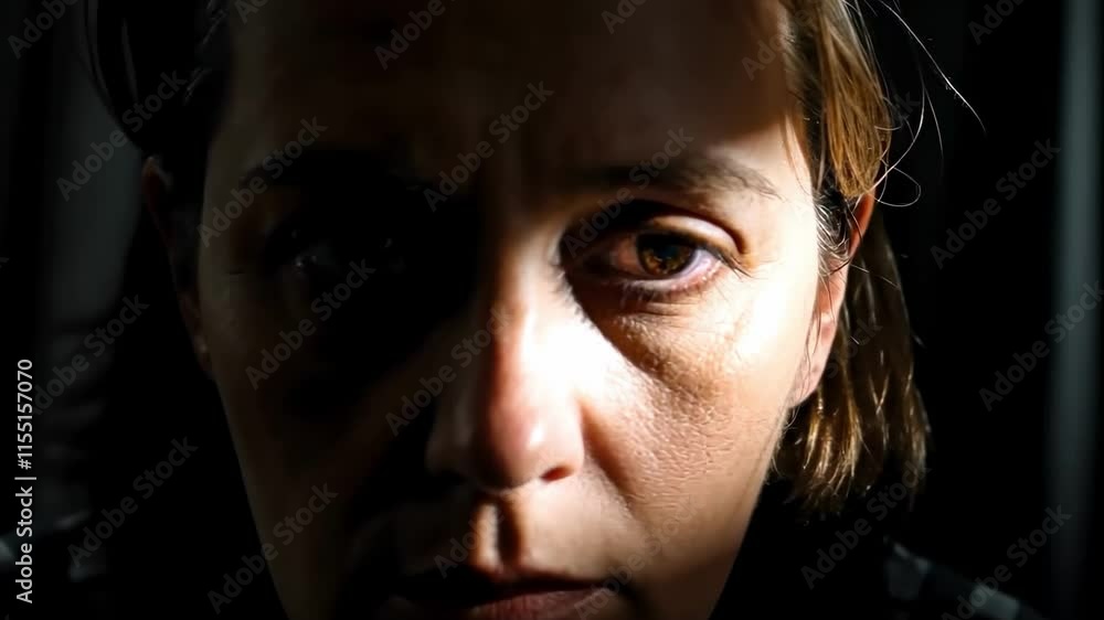 Dramatic expression shift in intense portrait closeup sequence Dramatic expression shift in intense portrait closeup sequence