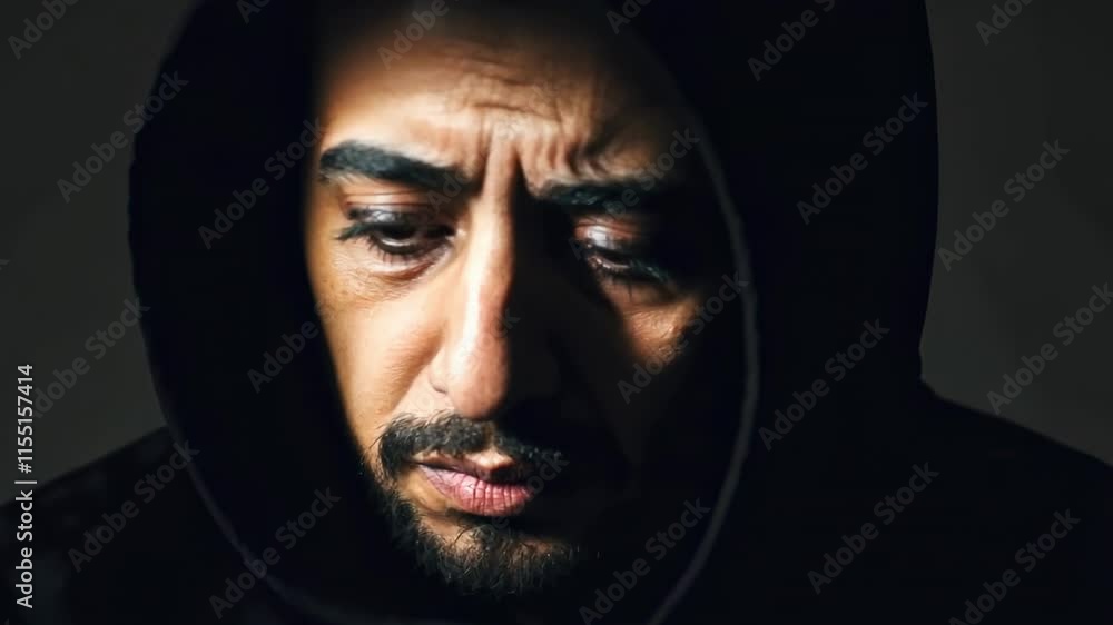 Contemplative expressions of a man in a hoodie displaying thoughtfulness and emotion Contemplative expressions of a man in a hoodie displaying thoughtfulness and emotion