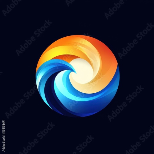 A vibrant abstract logo combining warm orange and cool blue tones, circling into a dynamic swirl. photo