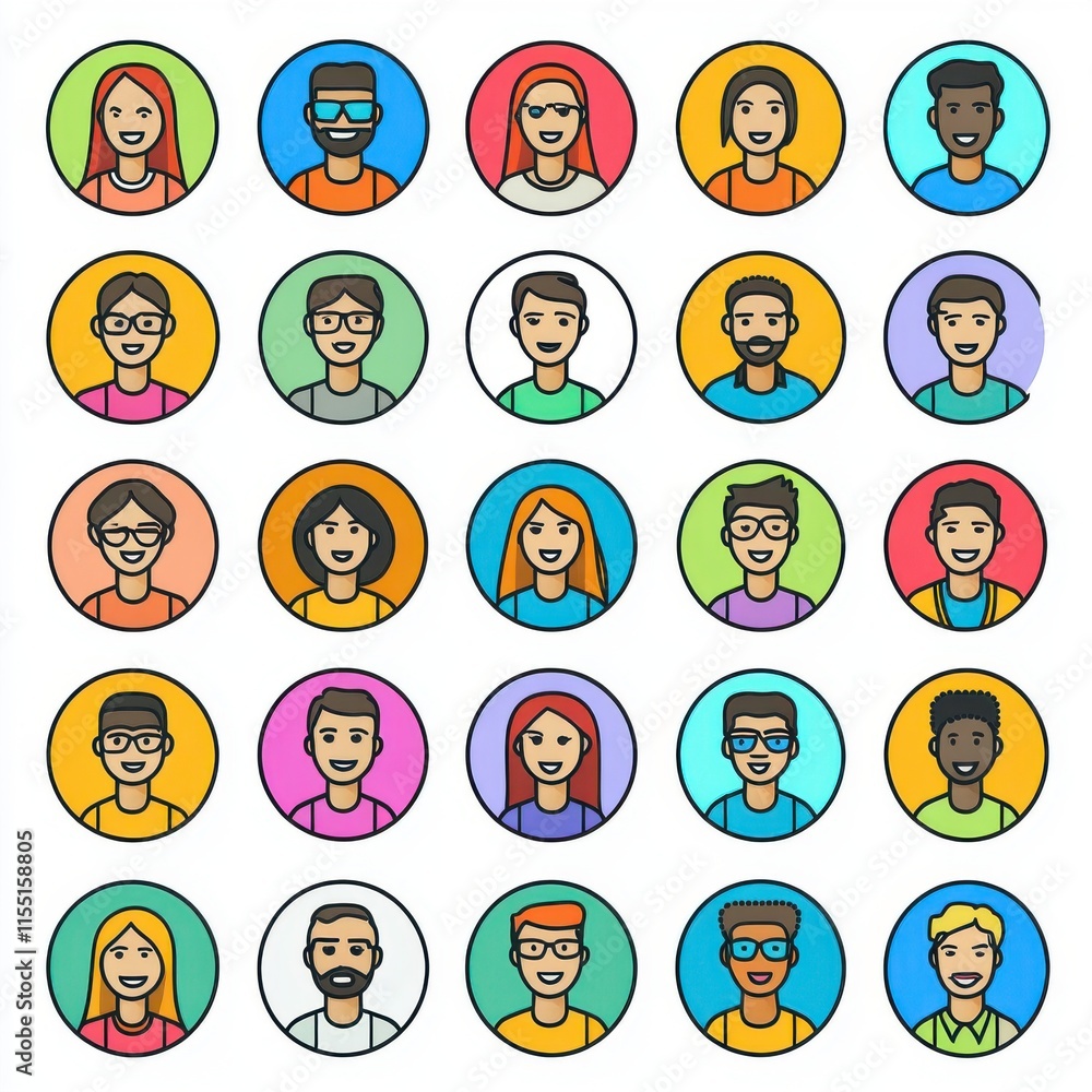 Fototapeta premium Diverse group of illustrated characters representing various genders and ethnicities in colorful circular frames.