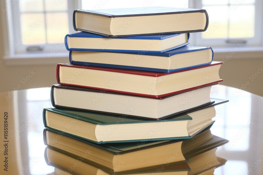 A colorful stack of books featuring blue, red, green, and maroon covers resting on a reflective table. A colorful stack of books featuring blue, red, green, and maroon covers resting on a reflective table.