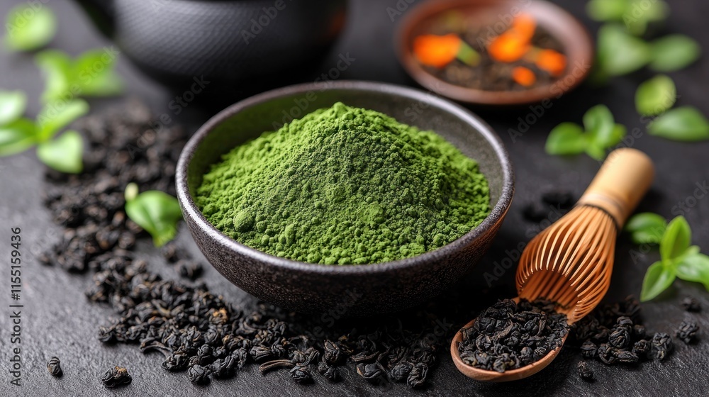 Matcha powder in a bowl with black tea leaves and tea whisk on a dark stone surface. Matcha powder in a bowl with black tea leaves and tea whisk on a dark stone surface.