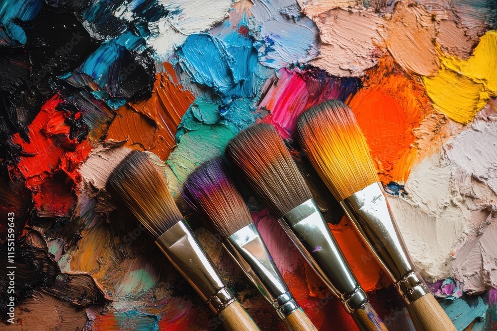 Obraz premium A close-up of four vibrant paintbrushes resting on a colorful palette, showcasing the artistry of painting.