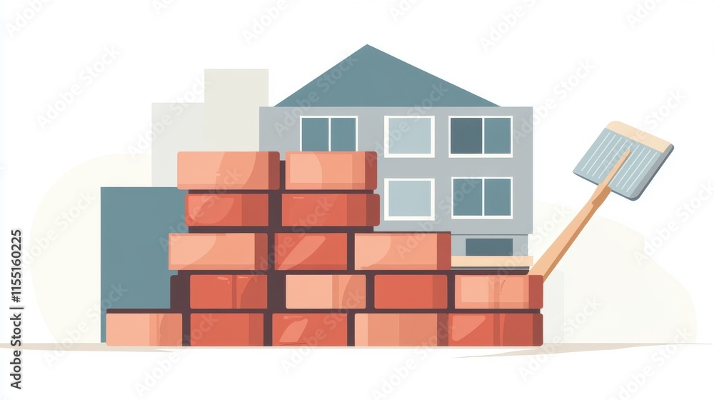 Obraz premium A colorful illustration of brick construction with a shovel, symbolizing building and architecture.