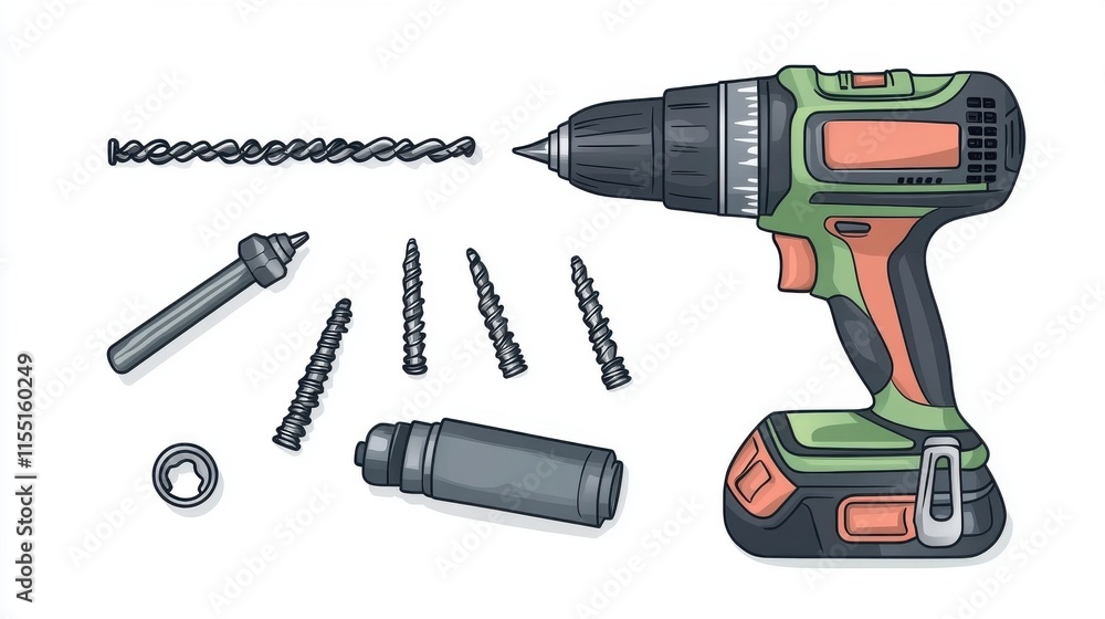 Illustration of a cordless drill with various drill bits and screws laid out artistically. Illustration of a cordless drill with various drill bits and screws laid out artistically.