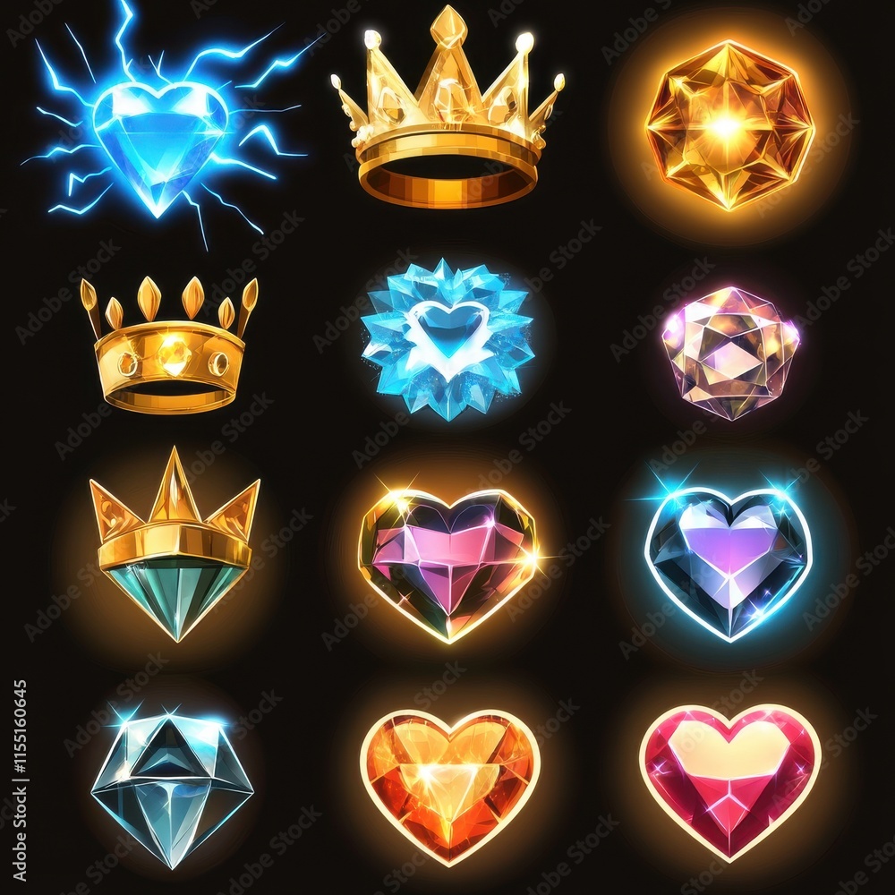 A vibrant collection of gemstones and crowns in various colors, showcasing luxury and elegance with a playful touch. A vibrant collection of gemstones and crowns in various colors, showcasing luxury and elegance with a playful touch.
