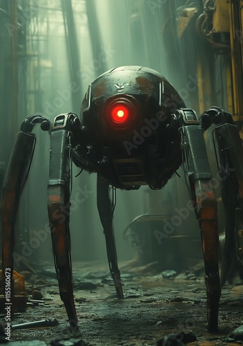 Futuristic spider robot in a post-apocalyptic setting.