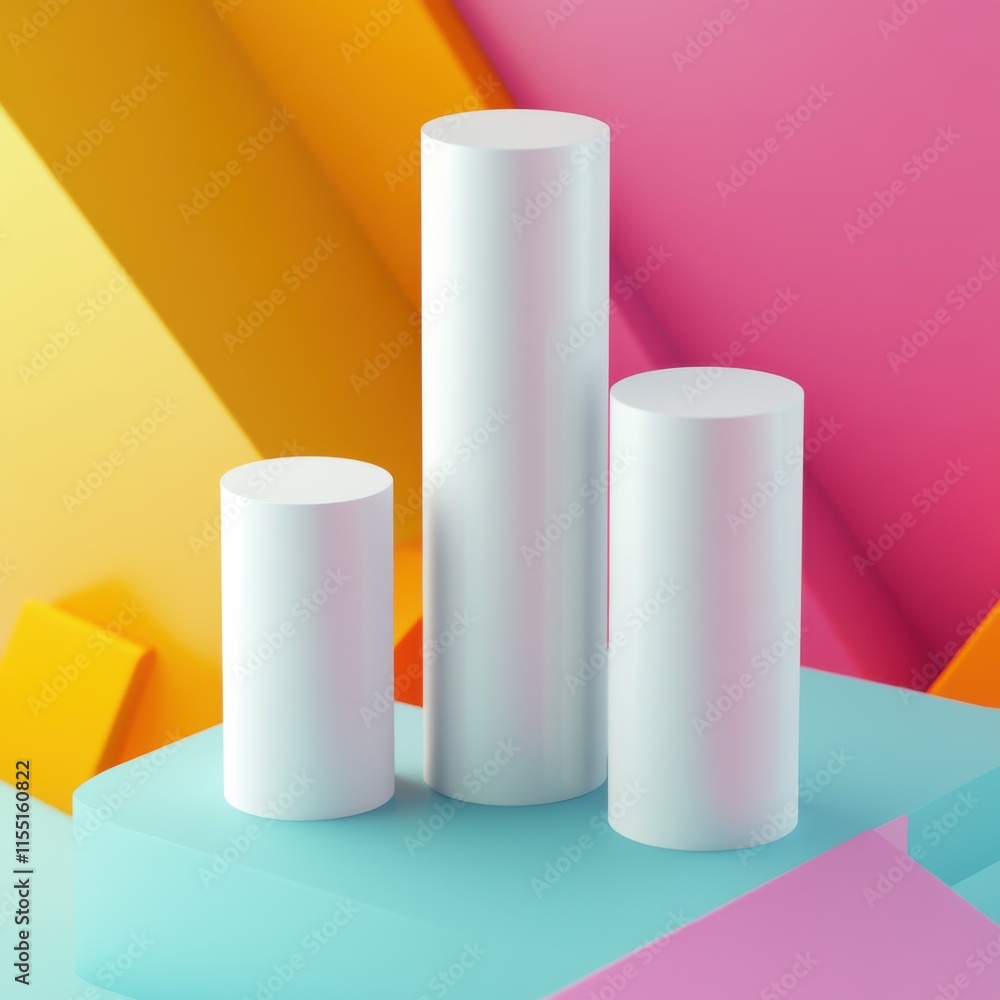 Three white cylindrical pedestals on a vibrant geometric background in bright colors. Three white cylindrical pedestals on a vibrant geometric background in bright colors.