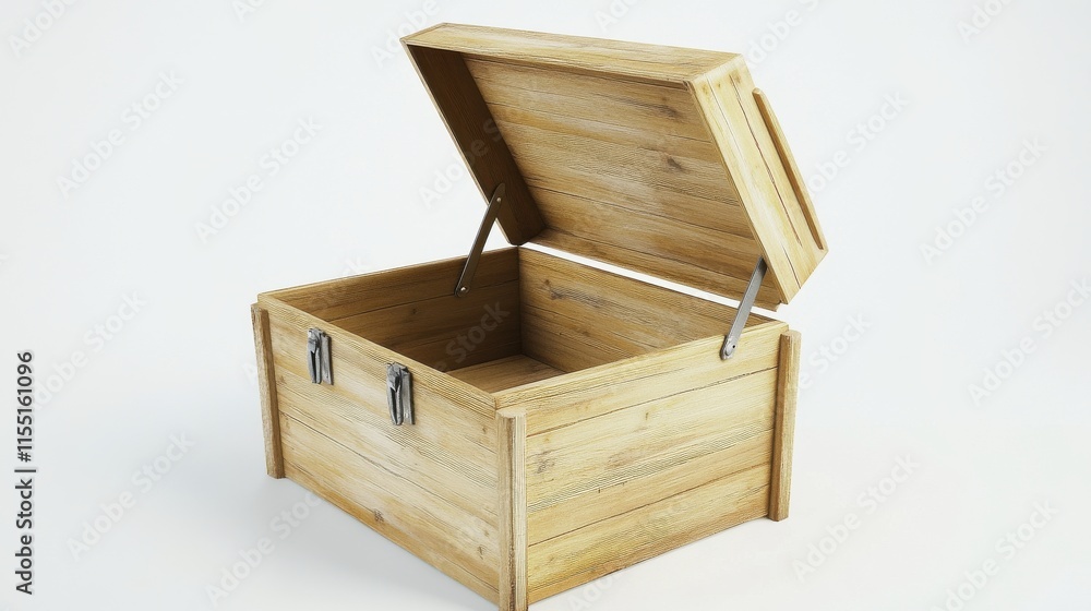 A rustic wooden storage box with an open lid, showcasing its spacious interior and natural grain finish. A rustic wooden storage box with an open lid, showcasing its spacious interior and natural grain finish.