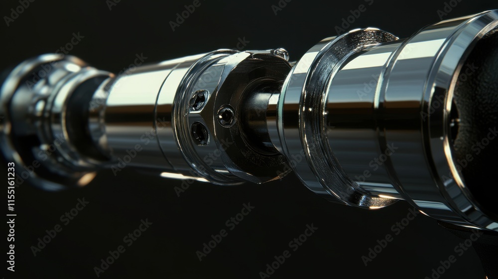 Close-up view of a sleek, glossy metal mechanical component showcasing intricate details. Close-up view of a sleek, glossy metal mechanical component showcasing intricate details.
