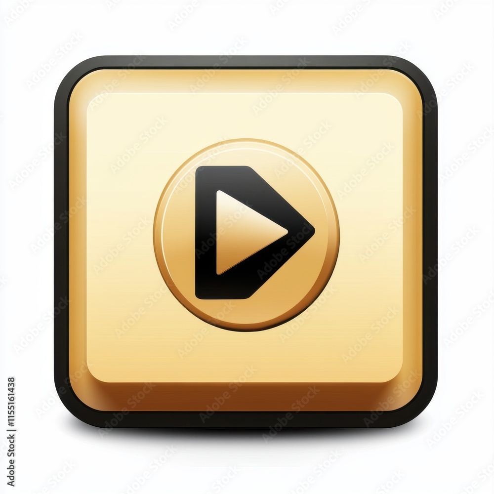 Stylized golden play button icon on a white background for media applications. Stylized golden play button icon on a white background for media applications.