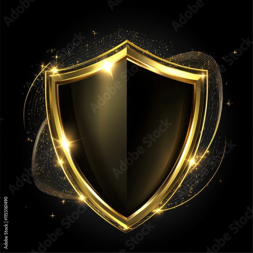 A stunning golden shield with a glossy black center, surrounded by sparkling golden swirls and stars on a dark background. photo