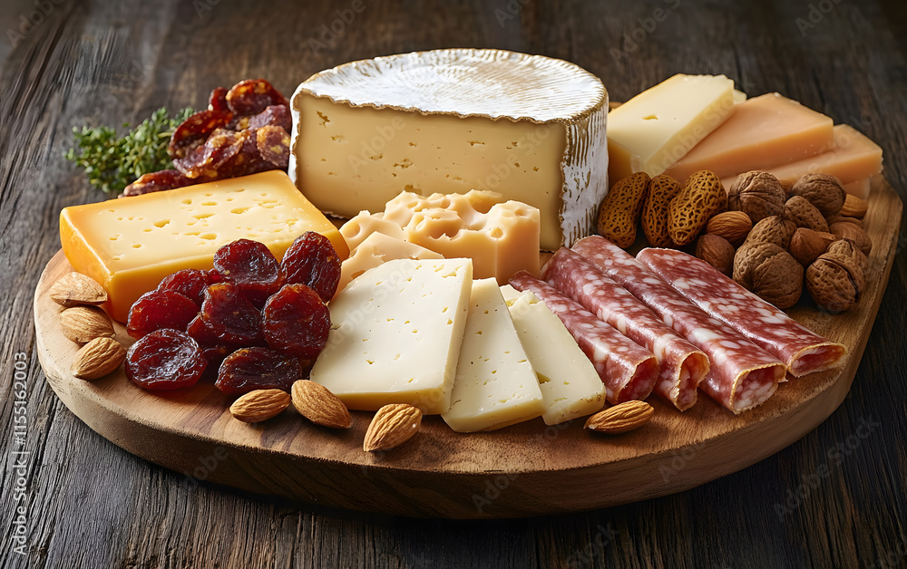 Cheese A variety of cheeses on a wooden board with dried fruit, nuts, and a cheese knife. Cheese A variety of cheeses on a wooden board with dried fruit, nuts, and a cheese knife.