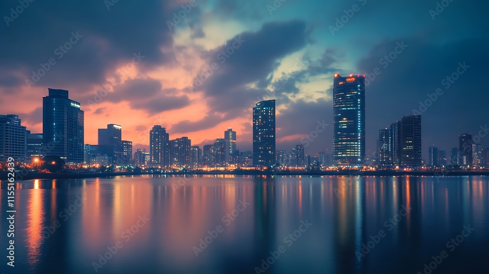 Fototapeta premium Cityscape at sunset, urban skyline reflection in water