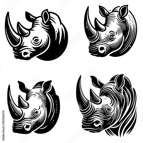 4 Set of Black Rhino Face Silhouettes Isolated on White Background