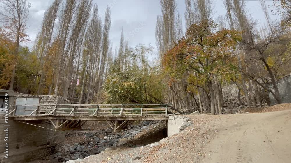 most wooden bridge in small village in skardu in autumn most wooden bridge in small village in skardu in autumn