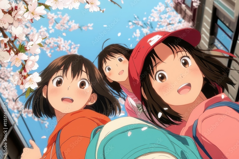 Fototapeta premium Anime friends enjoying the cherry blossom festival in japan slice of life manga style vibrant spring atmosphere