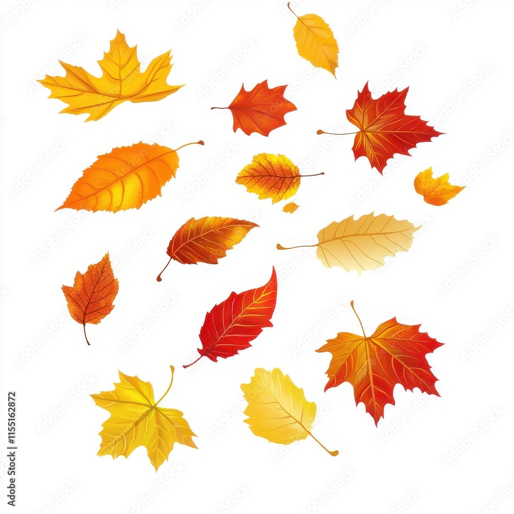 A vibrant assortment of autumn leaves in various shades of red, orange, and yellow against a white background. A vibrant assortment of autumn leaves in various shades of red, orange, and yellow against a white background.