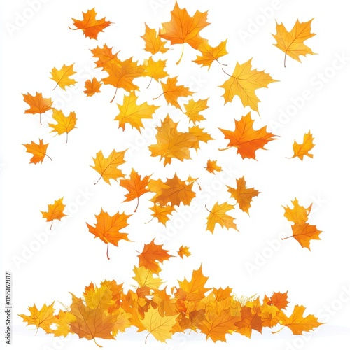 A beautiful array of vibrant orange and yellow autumn leaves falling against a white background.