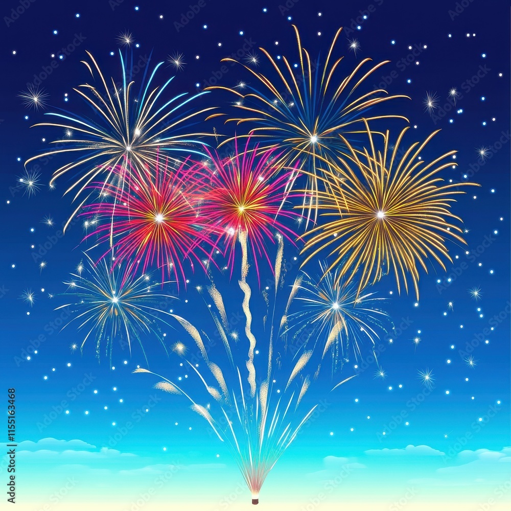 Naklejka premium Vibrant fireworks display in a night sky, showcasing colorful bursts of light against a deep blue background.