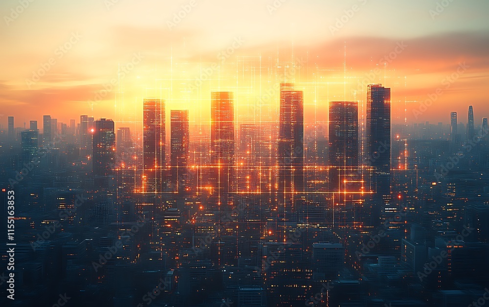 Fototapeta premium Sunset cityscape with digital overlay.
