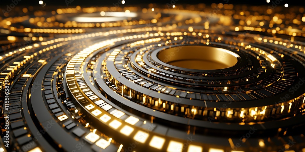 Obraz premium Abstract swirling black and gold metallic concentric circles.