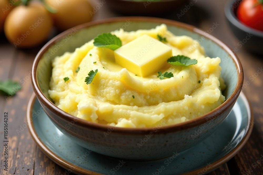 A beautifully presented bowl of creamy mashed potatoes topped with a generous pat of golden butter, dinnerware, food presentation, home decor A beautifully presented bowl of creamy mashed potatoes topped with a generous pat of golden butter, dinnerware, food presentation, home decor