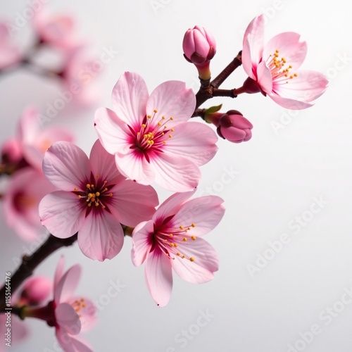 A beautiful pink cherry blossom branch against a white background, decorative, pink