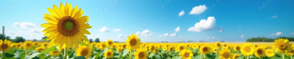 A beautiful sunflower grows in the middle of a vast field under the brilliant blue clear sky with just a few white clouds, isolated, field A beautiful sunflower grows in the middle of a vast field under the brilliant blue clear sky with just a few white clouds, isolated, field