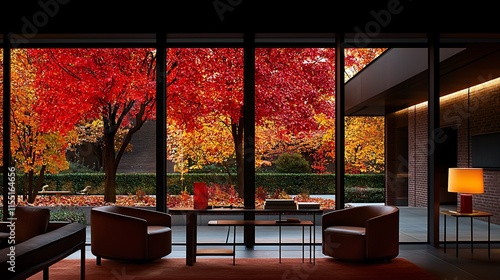 Autumnal indoor lounge with vibrant fall foliage view. photo